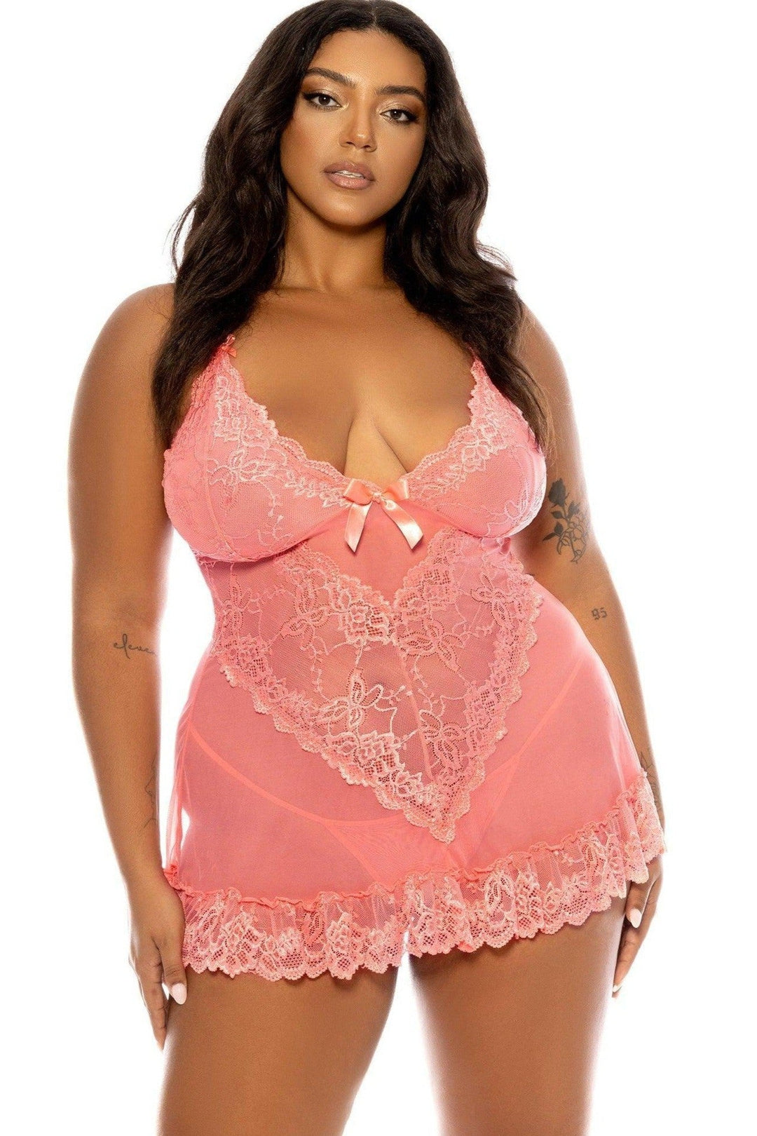 Soft Cup Lacey Babydoll with Bows and G-String | Plus Size Pink