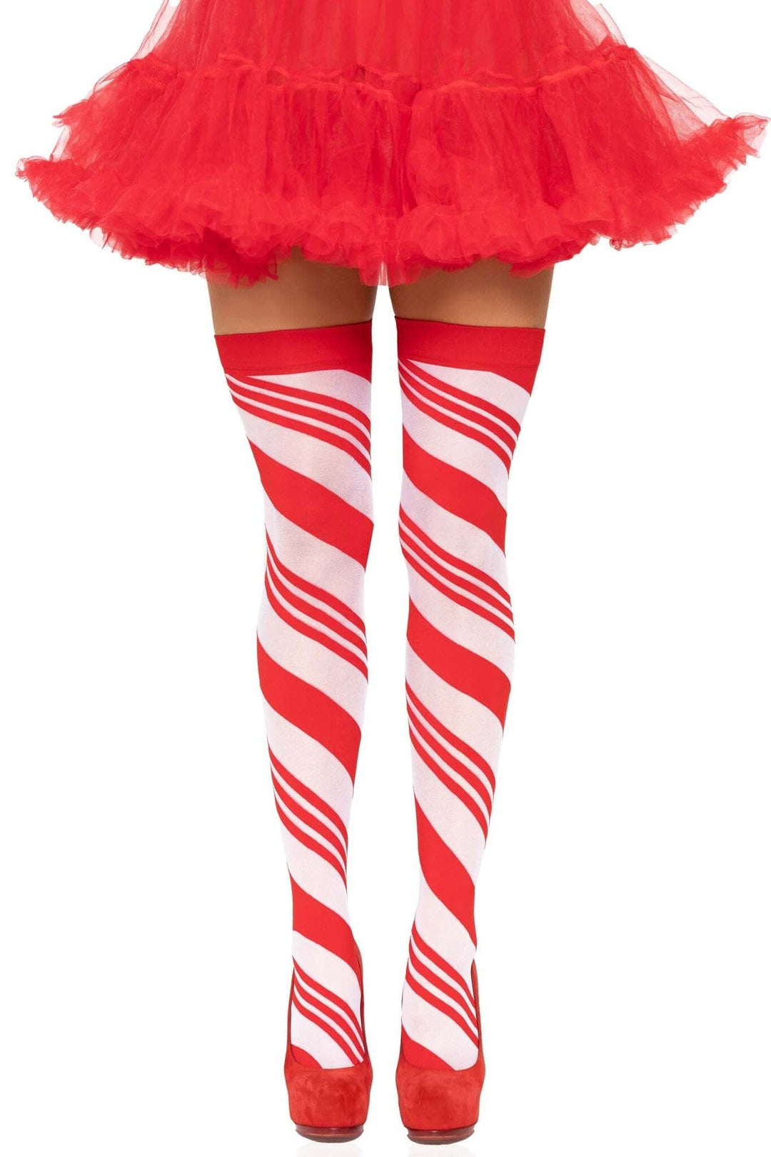 Leg Avenue Spandex Sheer Candy Cane Striped Thigh Highs in Red  from SexyShoes.com
