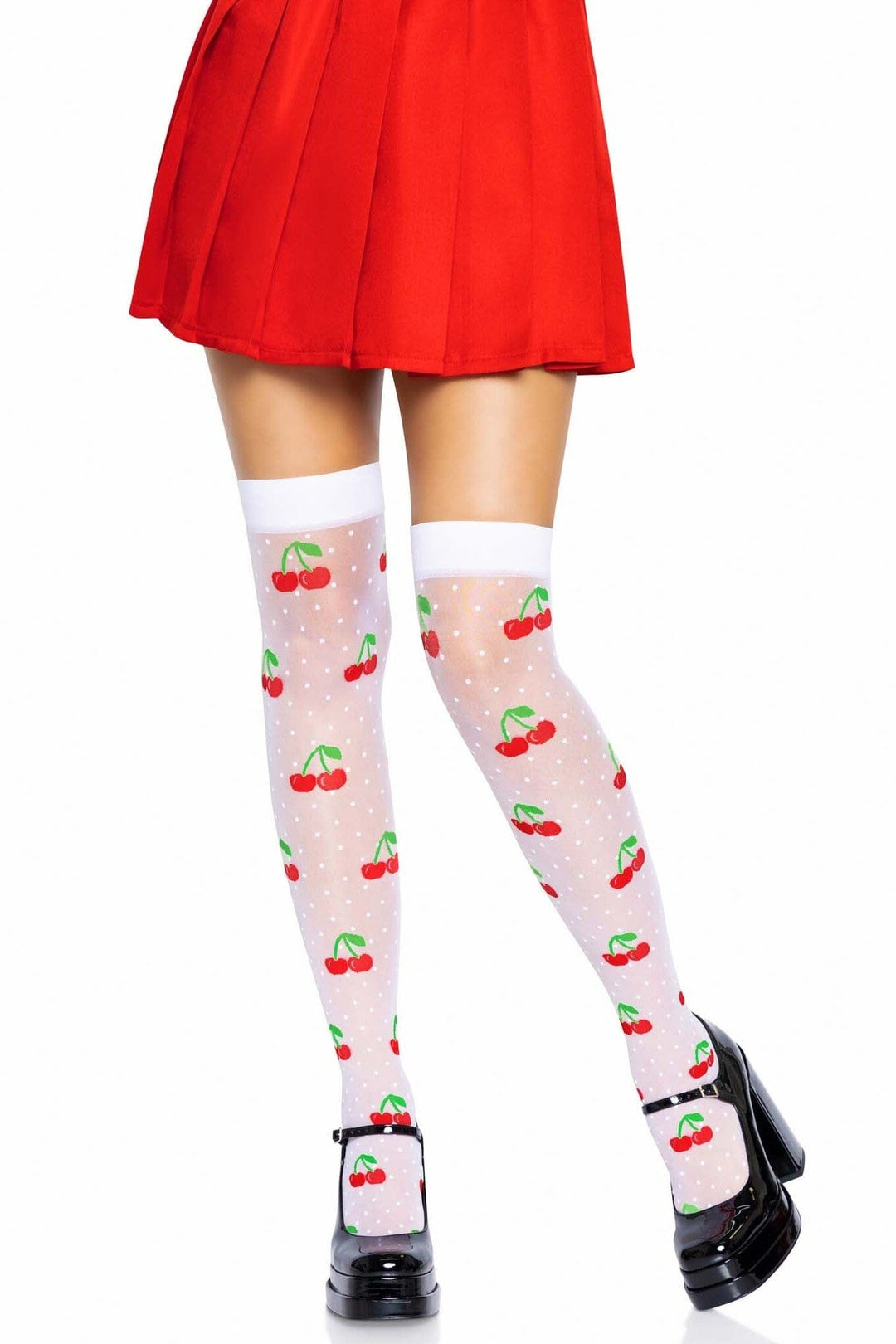 Leg Avenue Spandex Sheer Polka Dot Cherry Thigh High Stockings in White  from SexyShoes.com
