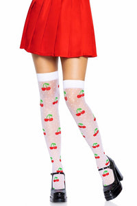 Leg Avenue Spandex Sheer Polka Dot Cherry Thigh High Stockings in White  from SexyShoes.com