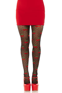 Leg Avenue Spandex Sheer Polka Dot Cherry Tights in Black  from SexyShoes.com