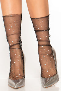 Leg Avenue Stars & Moons Embellished Sheer Tulle Anklet Socks in Black  from SexyShoes.com