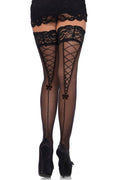 Stay Up Lace Top Sheer Thigh Highs With Faux Lace Up Backseam