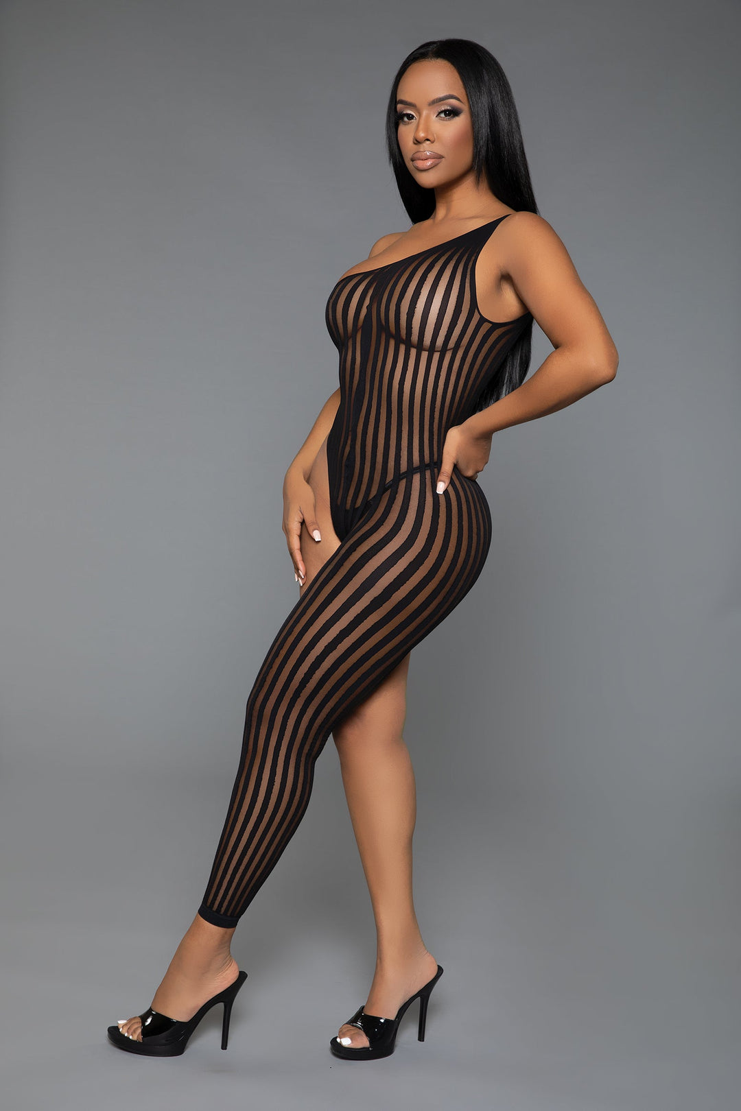 Stealing Hearts Asymmetrical One Shoulder, One Leg Bodystocking-Bodystockings-SEXYSHOES.COM