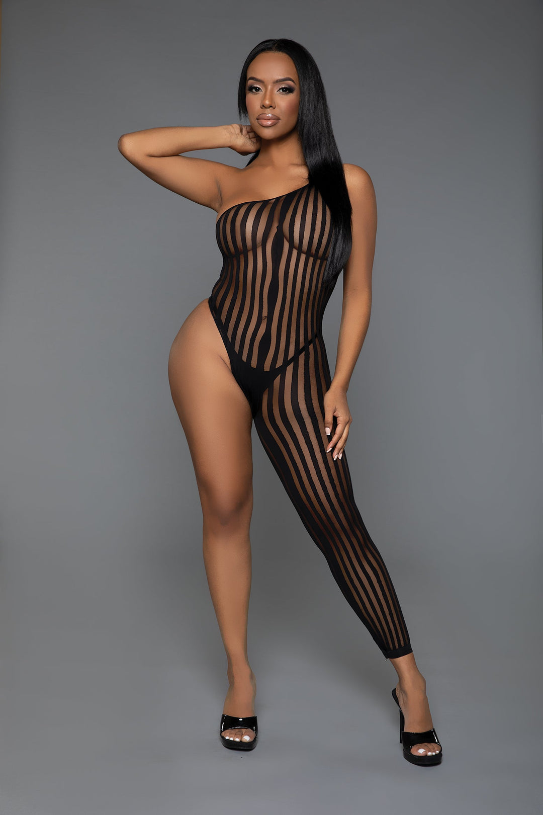 Stealing Hearts Asymmetrical One Shoulder, One Leg Bodystocking-Bodystockings-SEXYSHOES.COM