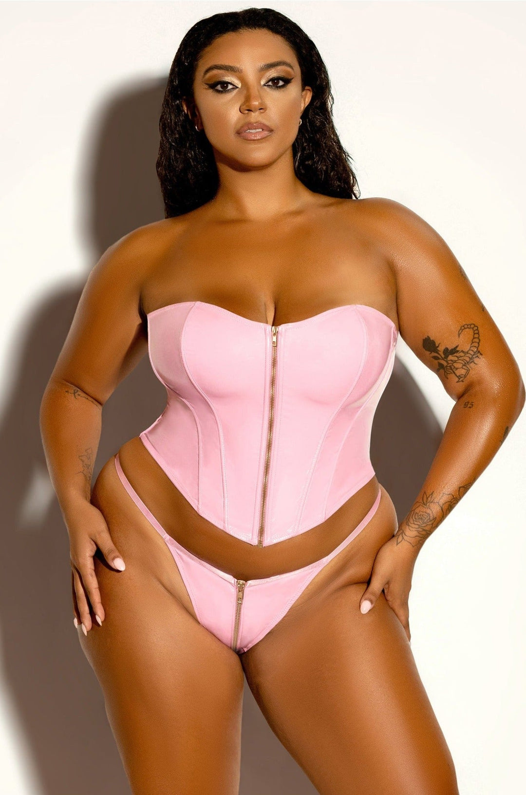 Strapless Vinyl Bustier with Functional Front Zipper and Matching Thong | Plus Size Pink