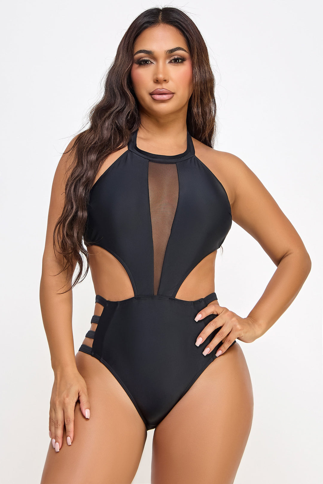 BeWicked Strappy Mesh Detail One Piece Swimsuit in black  from SexyShoes.com