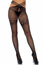 Strappy Wrap Around Crotchless Fishnet Tights With Lace Garter Detail