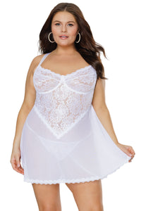Coquette Stretch Lace Babydoll and G String in White 