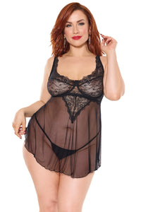 Coquette Stretch Lace Babydoll and G String in Black 