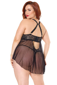 Coquette Stretch Lace Babydoll and G String in Black 