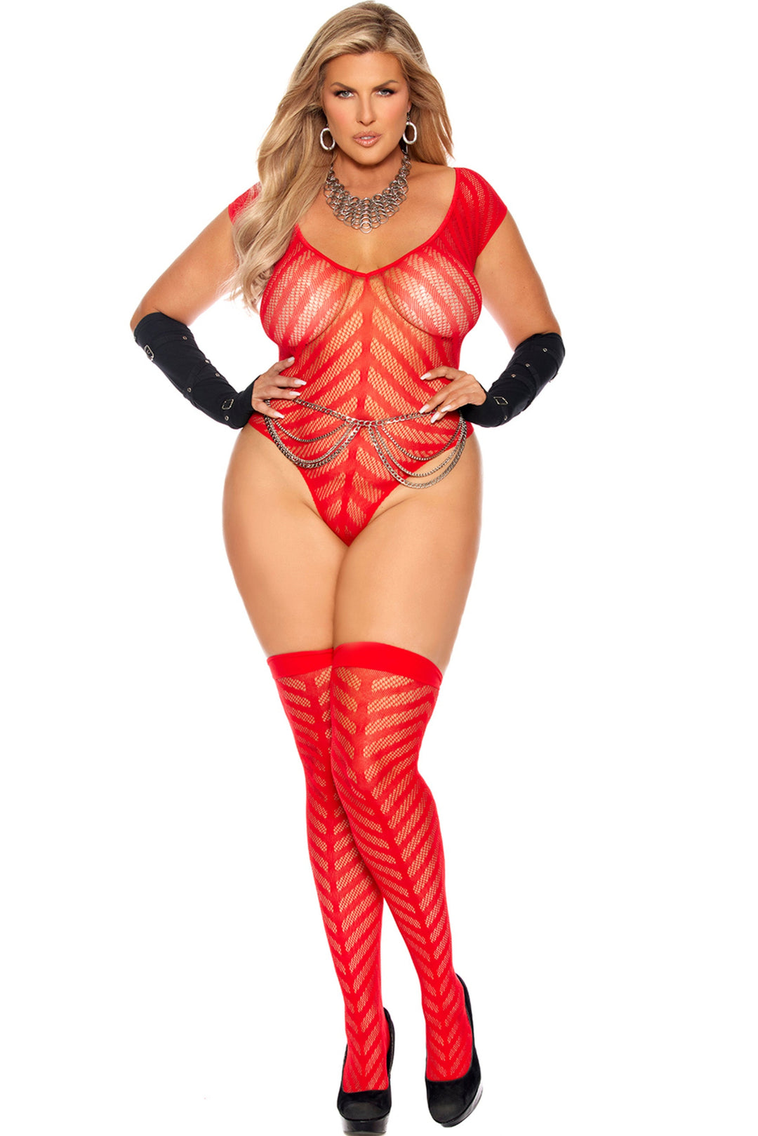 Elegant Moments Striped Crochet Deep V Teddy and Matching Stockings in Red  from SexyShoes.com