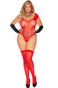Elegant Moments Striped Crochet Deep V Teddy and Matching Stockings in Red  from SexyShoes.com