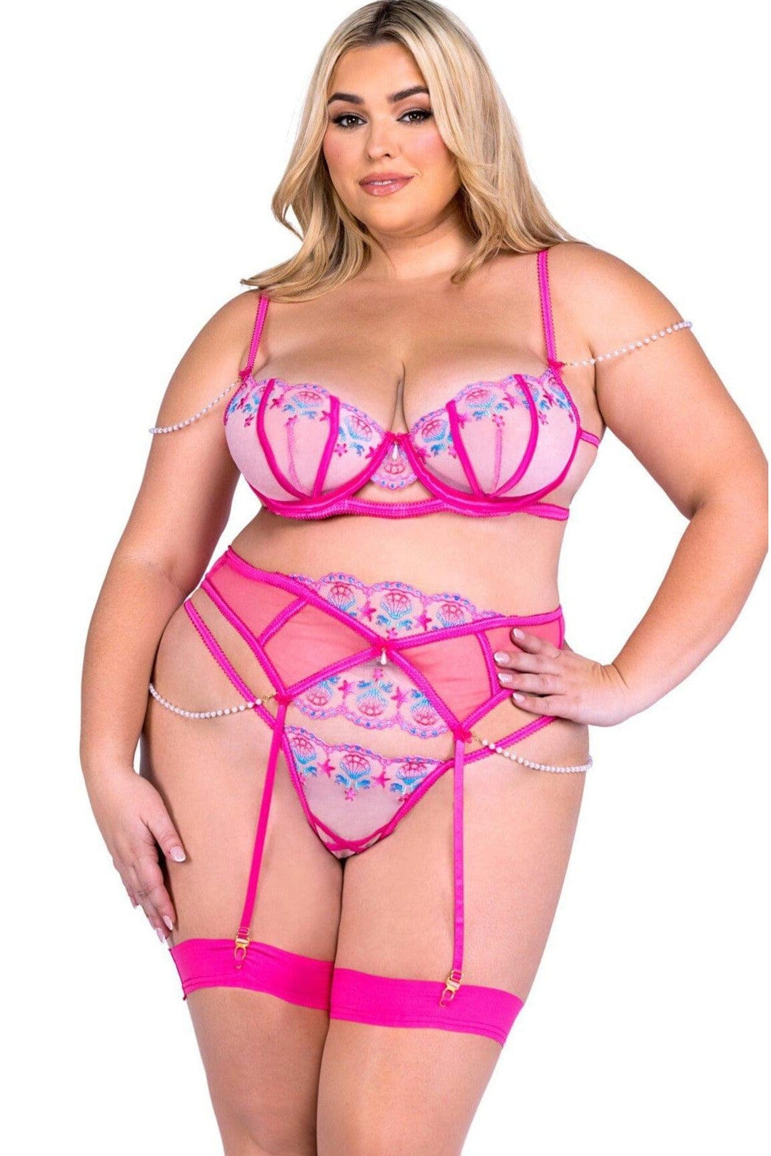 Roma Confidential 3 Piece Garter Set Plus Size in Fuchsia  from SexyShoes.com