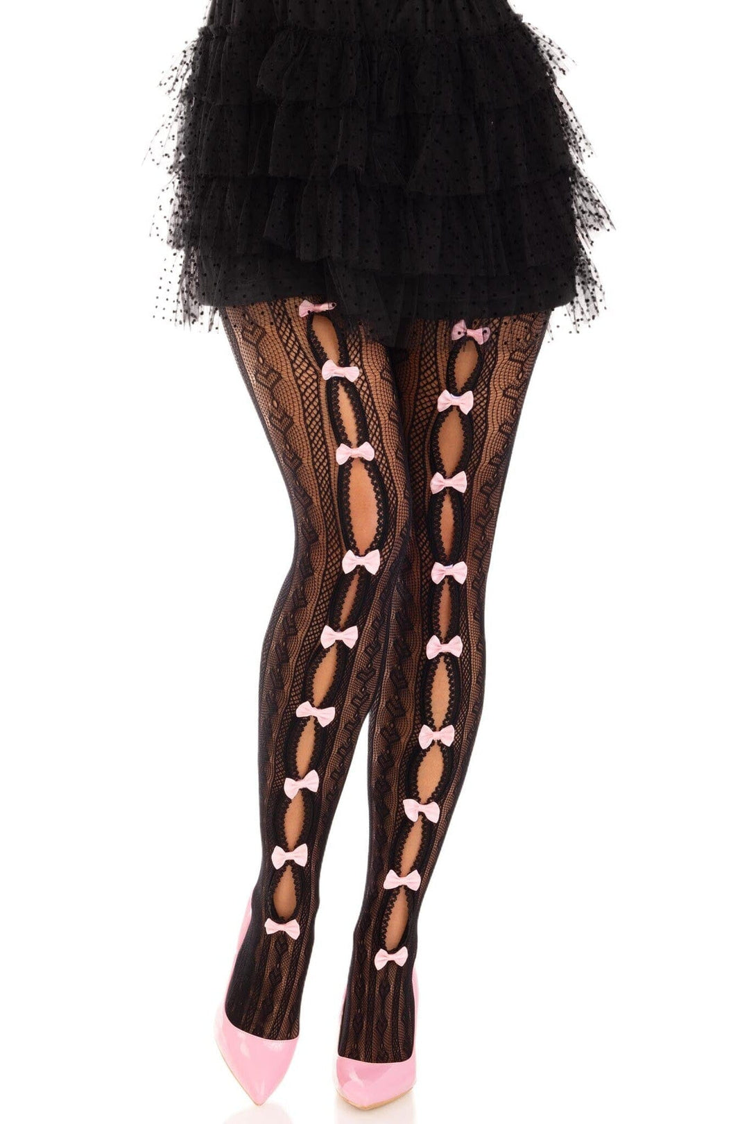 Leg Avenue Sweetheart Striped Net Tights, Keyhole, Mini Bow Detail in Black  from SexyShoes.com