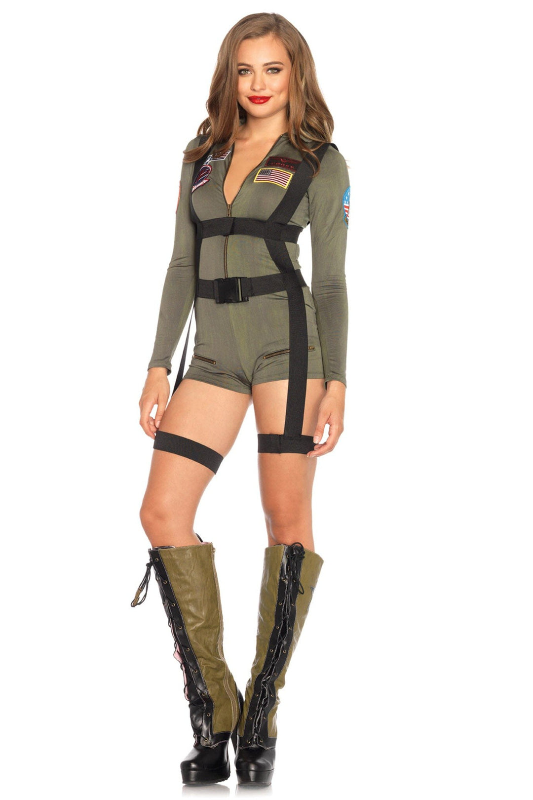 2 Piece Top Gun Romper Spandex Romper W/Body Harness-Uniformed Costumes-SEXYSHOES.COM