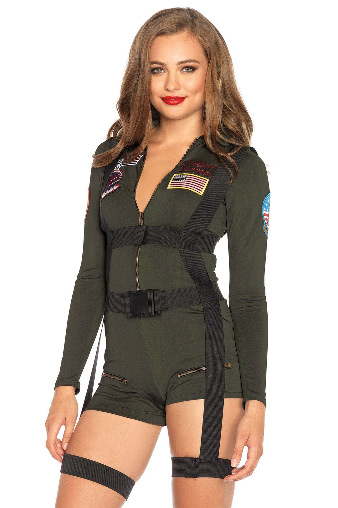 2 Piece Top Gun Romper Spandex Romper W/Body Harness-Uniformed Costumes-SEXYSHOES.COM