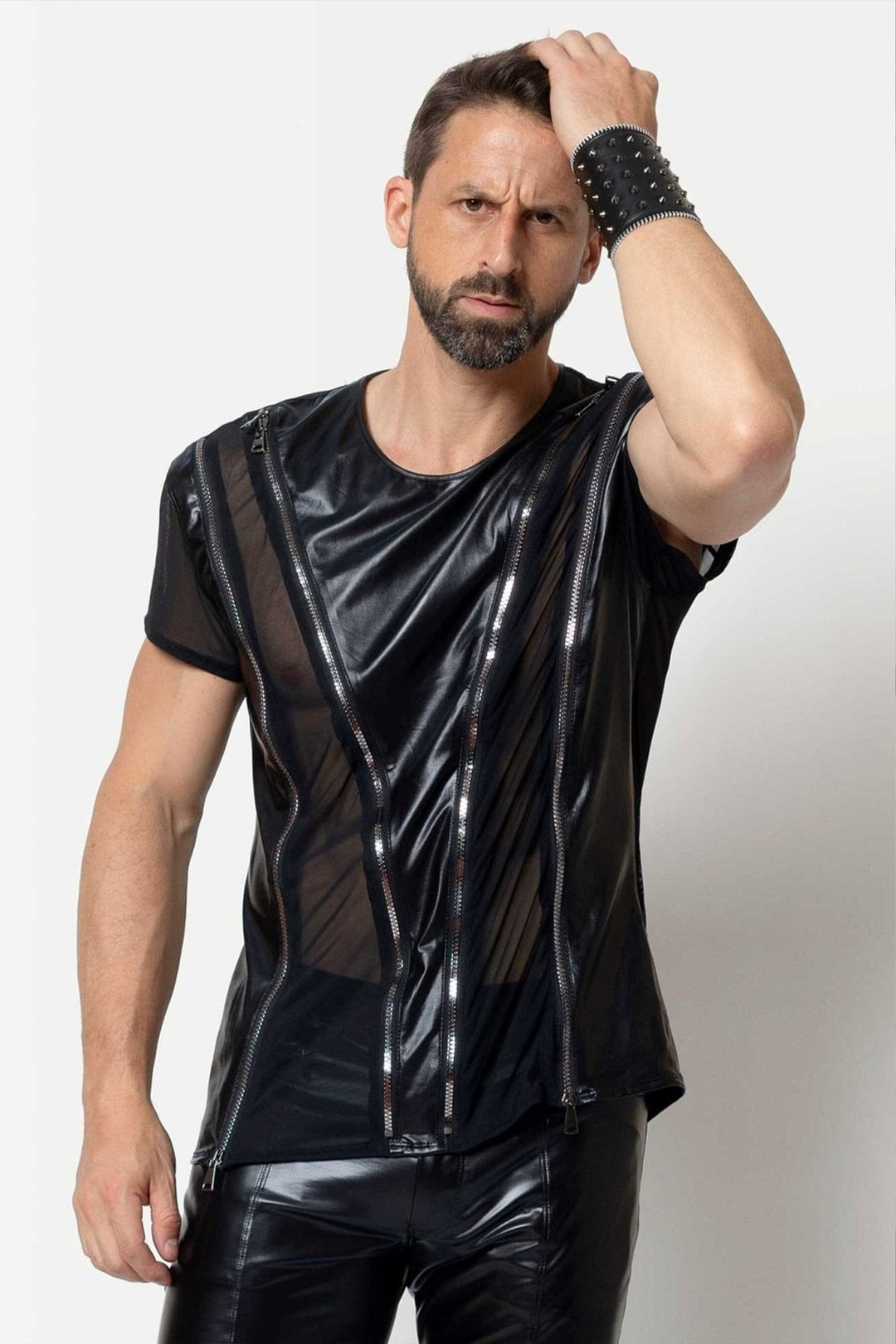 L'HOMME TOBIAS Wetlook Mesh Shirt in Black  from SexyShoes.com