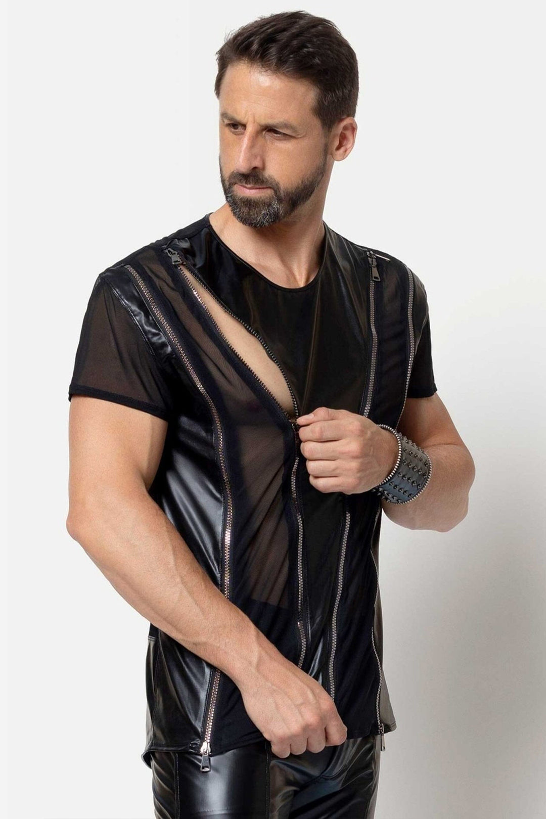 L'HOMME TOBIAS Wetlook Mesh Shirt in Black 