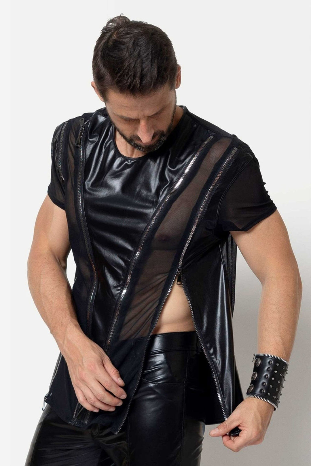 L'HOMME TOBIAS Wetlook Mesh Shirt in Black 