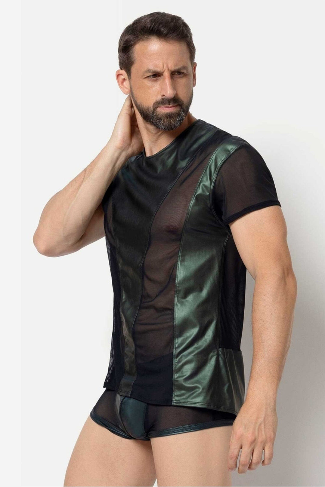 L'HOMME TOMANA Wetlook Mesh Shirt in Black 