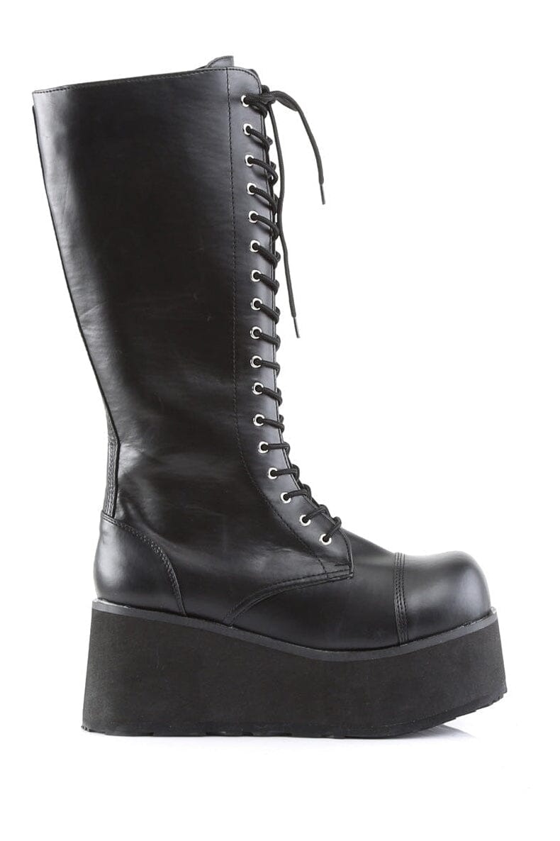 Demonia TRASHVILLE-502 Black Vegan Leather Knee Boot in Black Vegan Leather