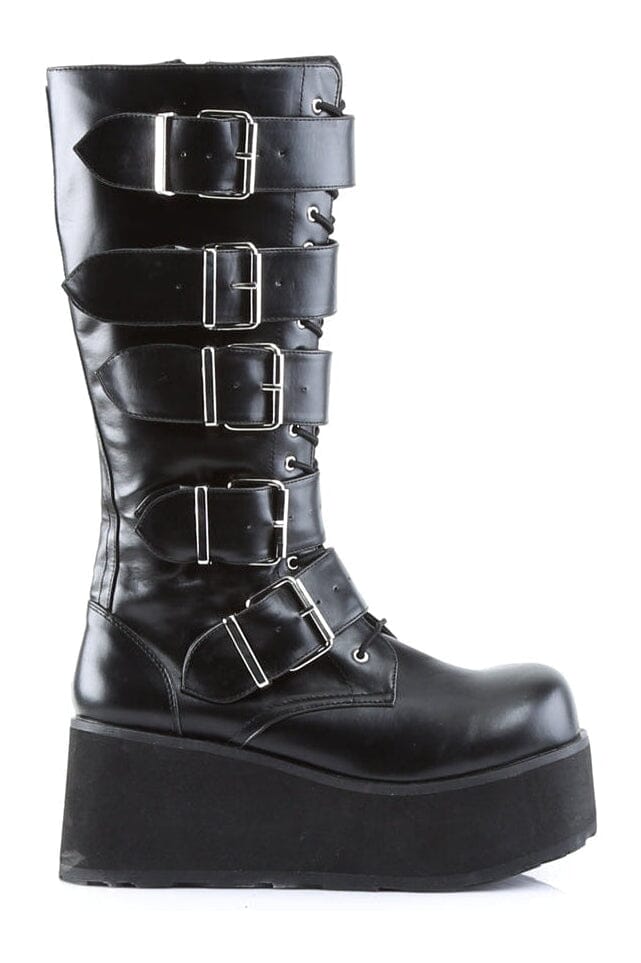 Demonia TRASHVILLE-518 Black Vegan Leather Knee Boot in Black Vegan Leather