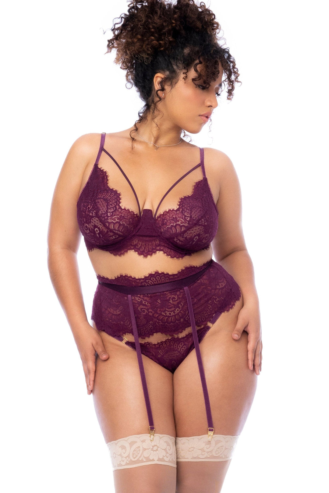 Mapale Three Piece Eyelash Lace Set in Burgundy  from SexyShoes.com