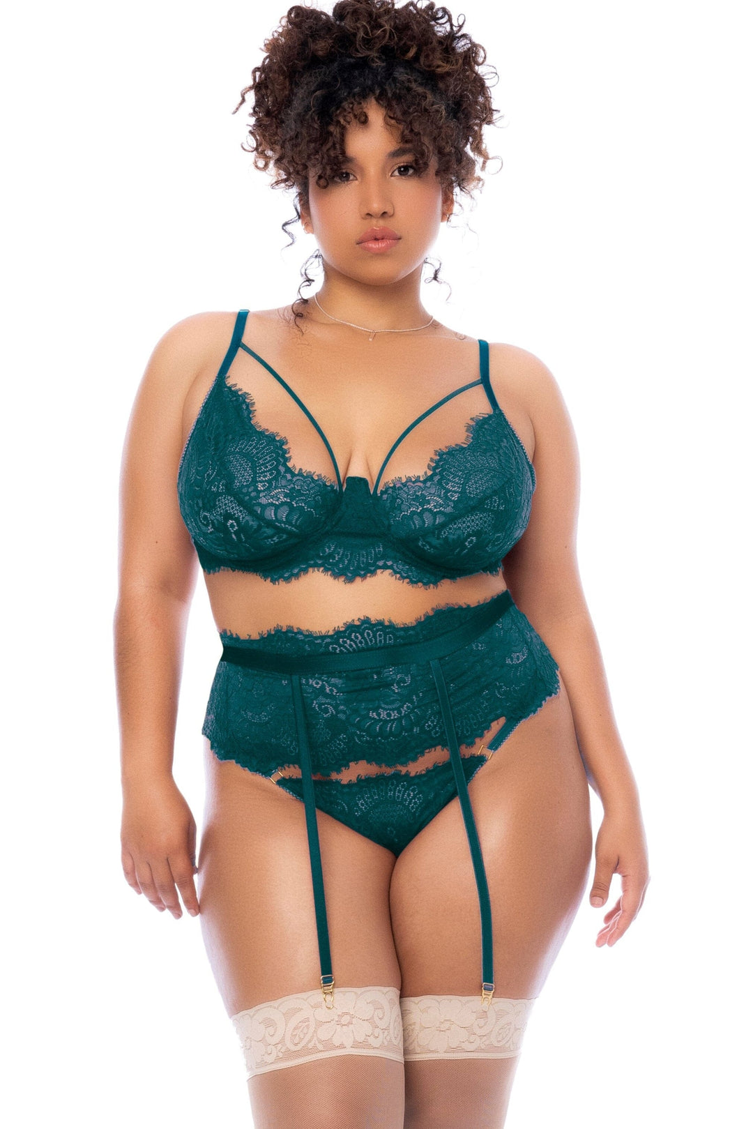 Mapale Three Piece Eyelash Lace Set in Green  from SexyShoes.com