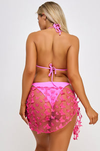 BeWicked Three Piece Ruffled Triangle Bikini with Butterfly Mesh Sarong in Fuchsia 