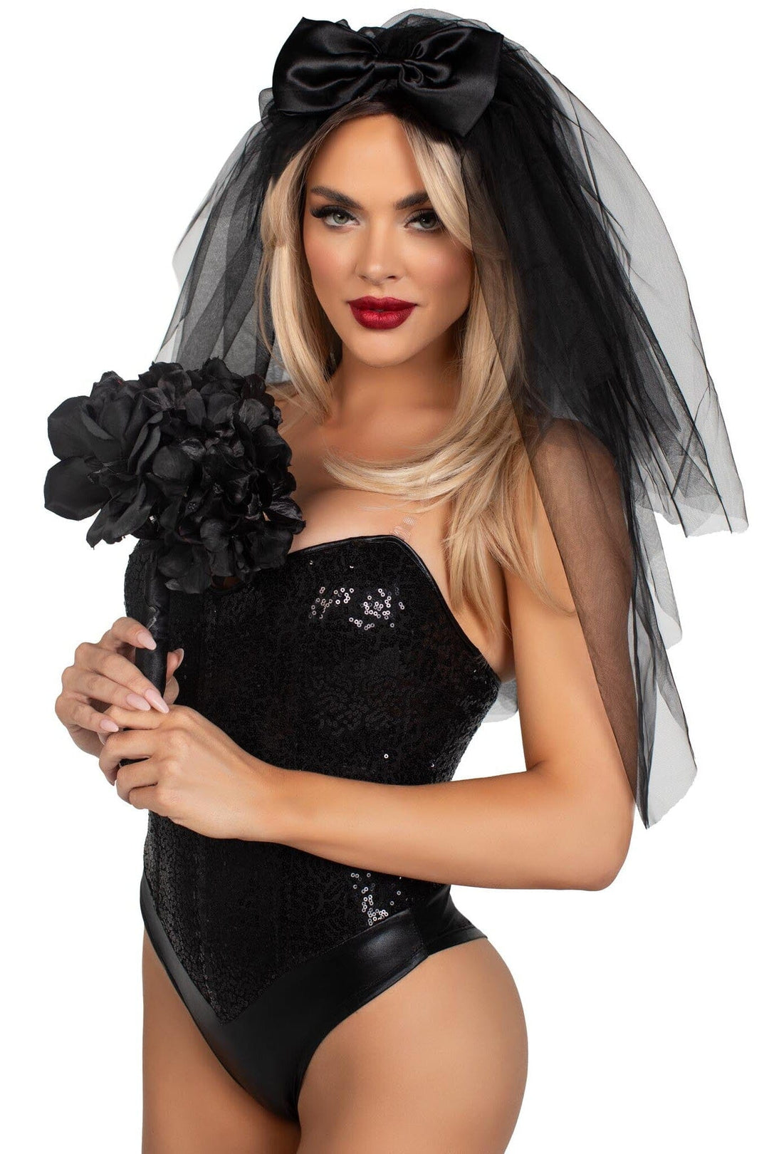 Leg Avenue Tiered Bridal Veil With Satin Bow Accent in Black  from SexyShoes.com