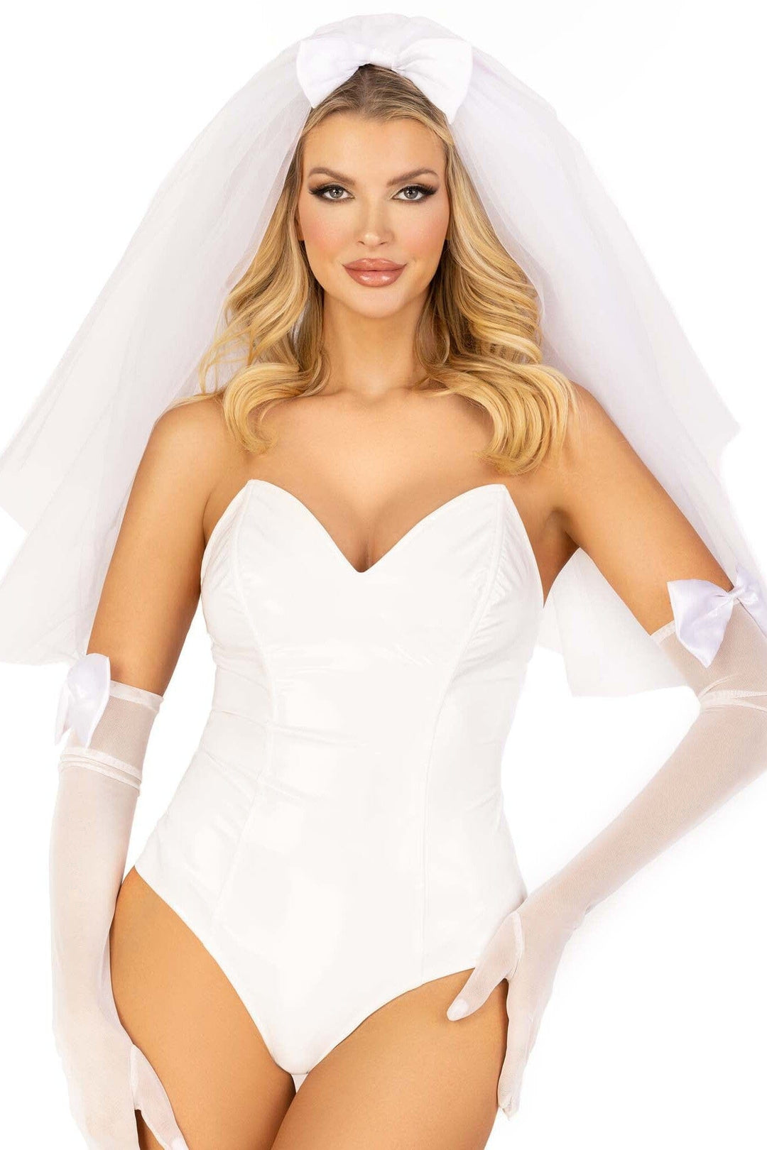 Leg Avenue Tiered Bridal Veil With Satin Bow Accent in White  from SexyShoes.com