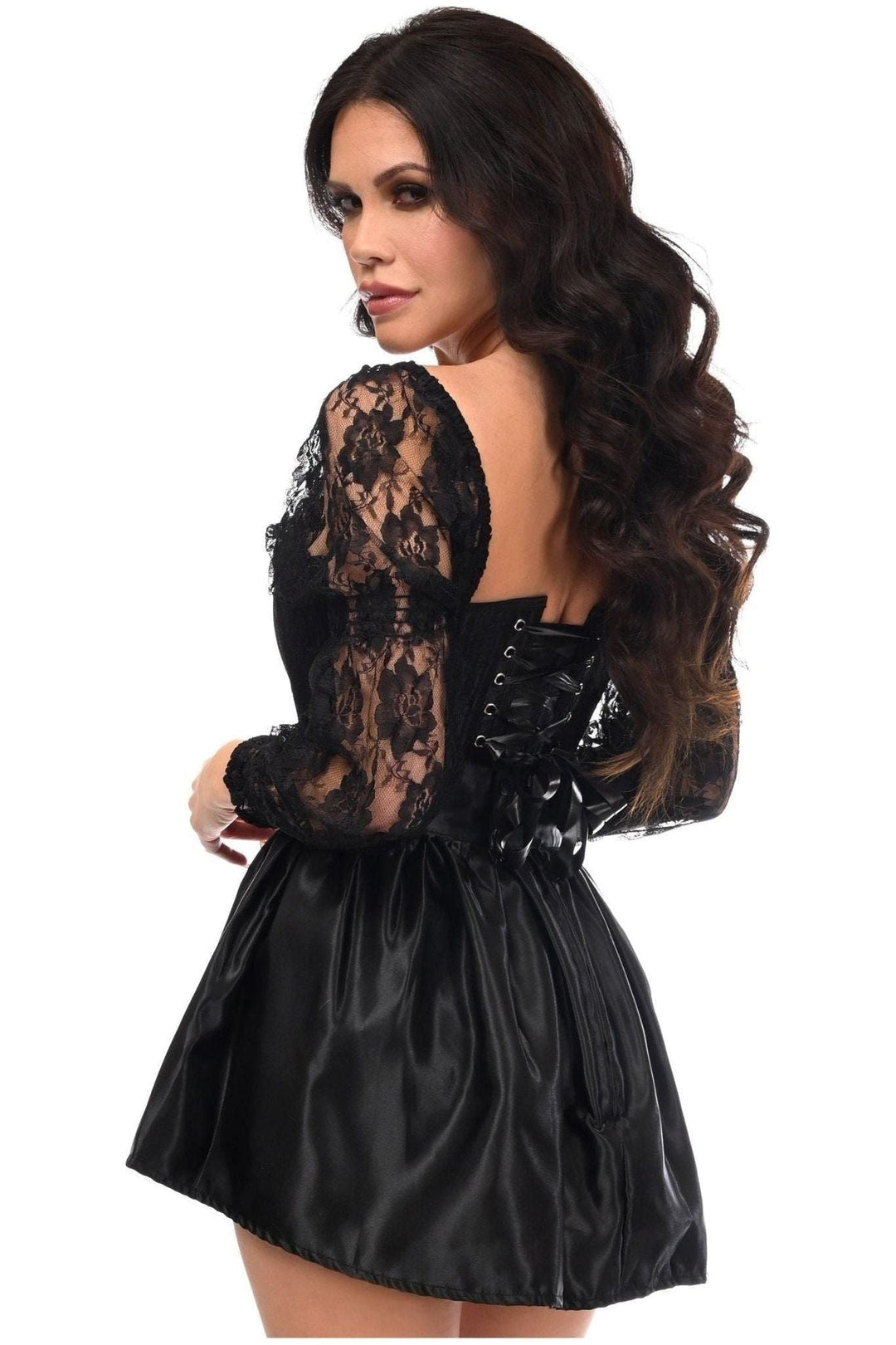 Top Drawer 2 PC Black Lace Steel Boned Corset & Satin Skirt Set