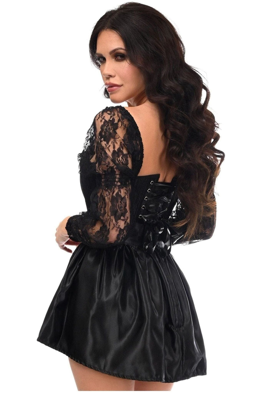 Daisy Corsets Top Drawer 2 PC Black Lace Steel Boned Corset & Satin Skirt Set in Black 
