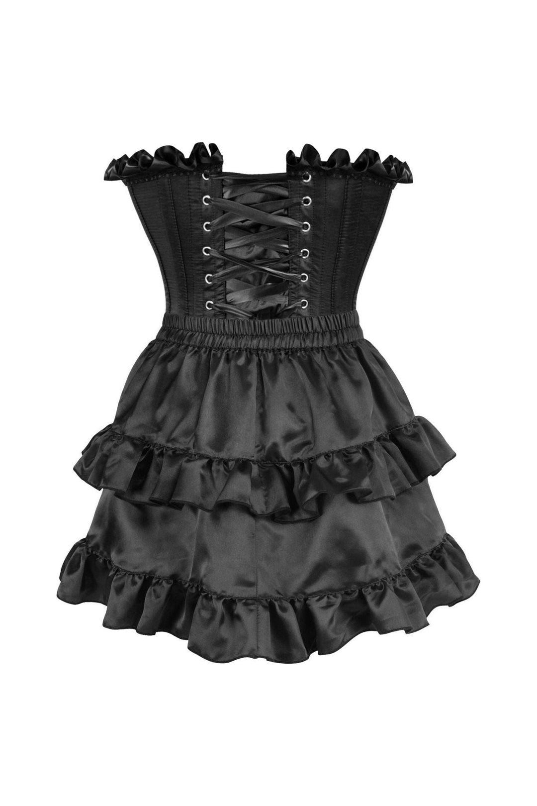Top Drawer 2 PC Black Satin Steel Boned Burlesque Corset & Black Satin Skirt Set