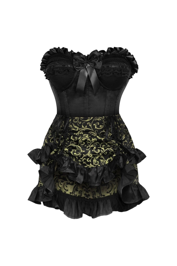 Top Drawer 2 PC Black Satin Steel Boned Burlesque Corset & Gold Brocade Skirt Set