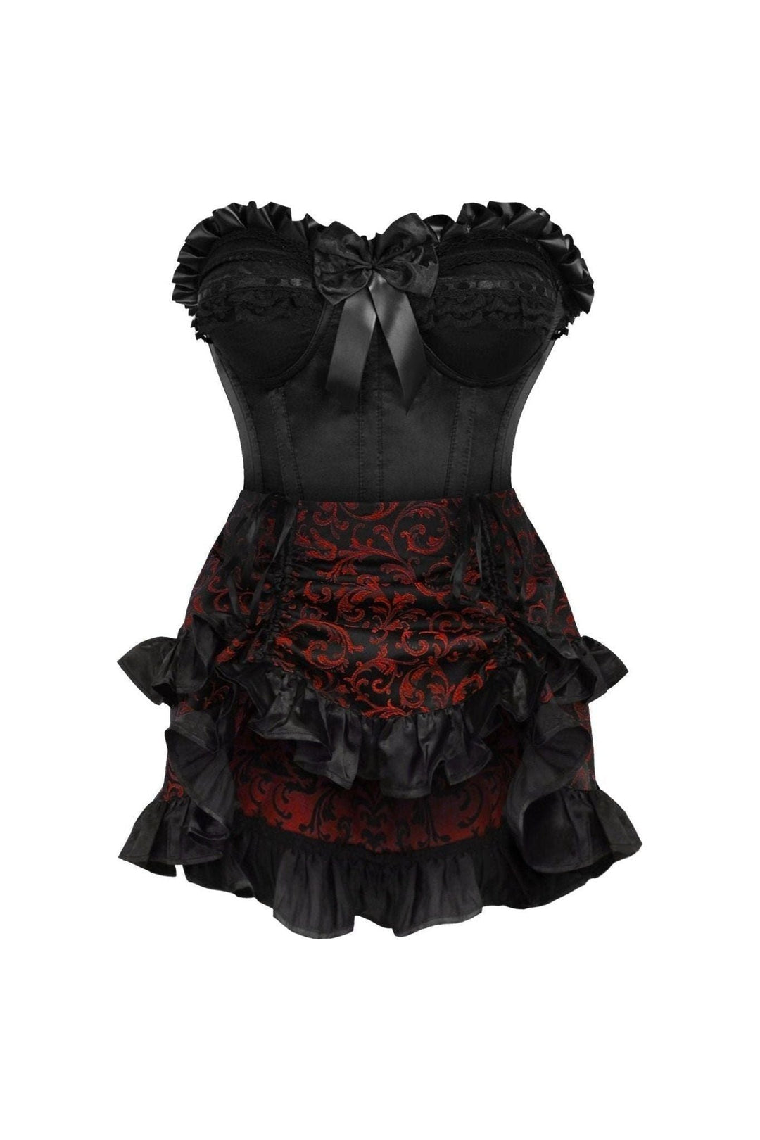 Top Drawer 2 PC Black Satin Steel Boned Burlesque Corset & Gold Brocade Skirt Set