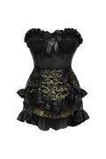 Top Drawer 2 PC Black Satin Steel Boned Burlesque Corset & Gold Brocade Skirt Set