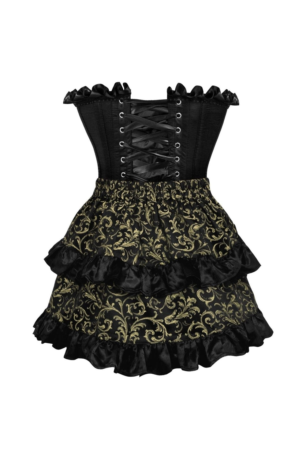 Daisy Corsets Top Drawer 2 PC Black Satin Steel Boned Burlesque Corset & Gold Brocade Skirt Set in Black 