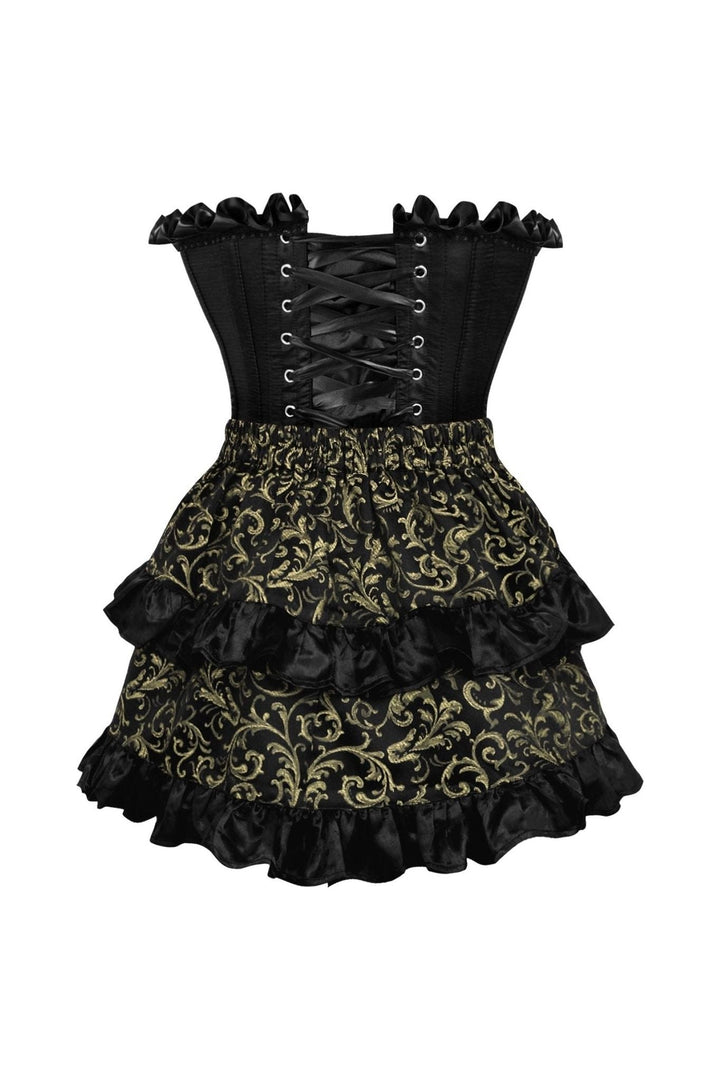 Top Drawer 2 PC Black Satin Steel Boned Burlesque Corset & Gold Brocade Skirt Set