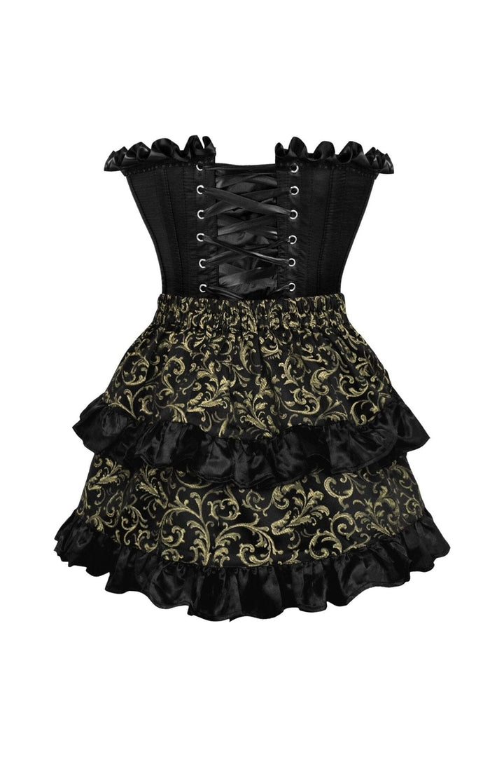 Top Drawer 2 PC Black Satin Steel Boned Burlesque Corset & Gold Brocade Skirt Set