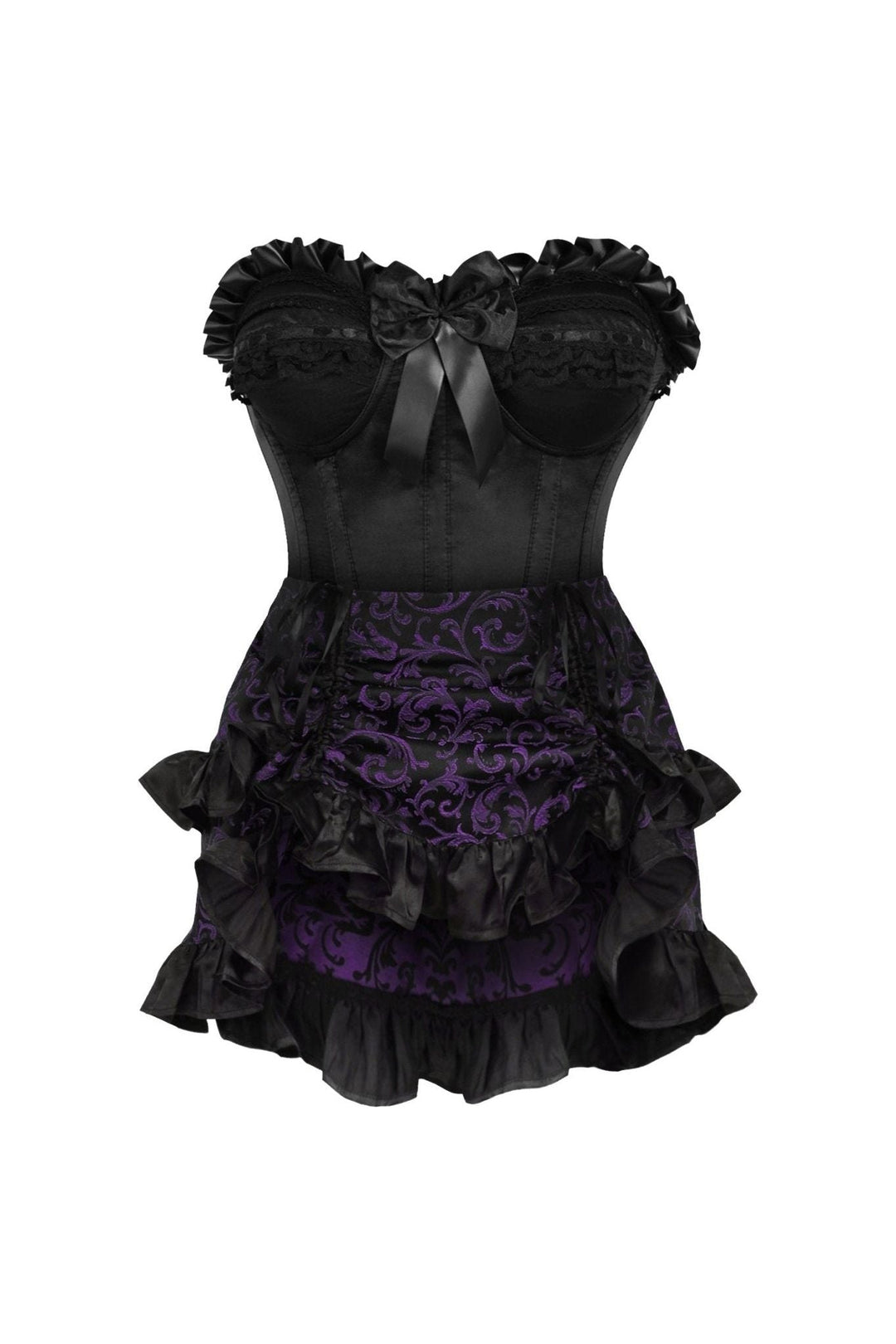 Daisy Corsets Top Drawer 2 PC Black Satin Steel Boned Burlesque Corset & Purple Brocade Skirt Set in Purple  from SexyShoes.com
