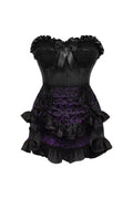 Top Drawer 2 PC Black Satin Steel Boned Burlesque Corset & Purple Brocade Skirt Set