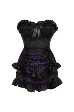 Top Drawer 2 PC Black Satin Steel Boned Burlesque Corset & Purple Brocade Skirt Set