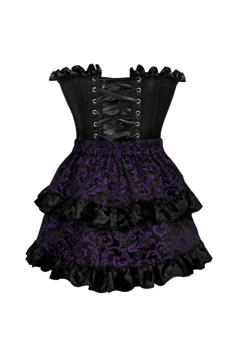 Daisy Corsets Top Drawer 2 PC Black Satin Steel Boned Burlesque Corset & Purple Brocade Skirt Set in Purple 