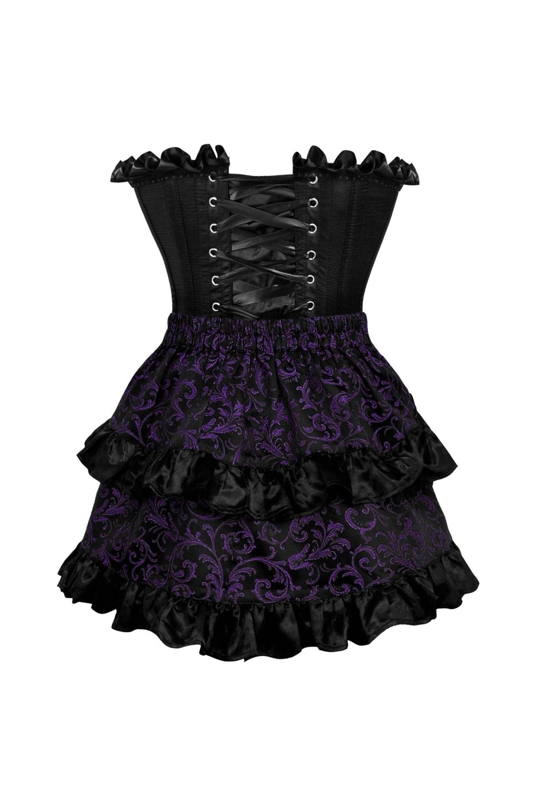 Top Drawer 2 PC Black Satin Steel Boned Burlesque Corset & Purple Brocade Skirt Set