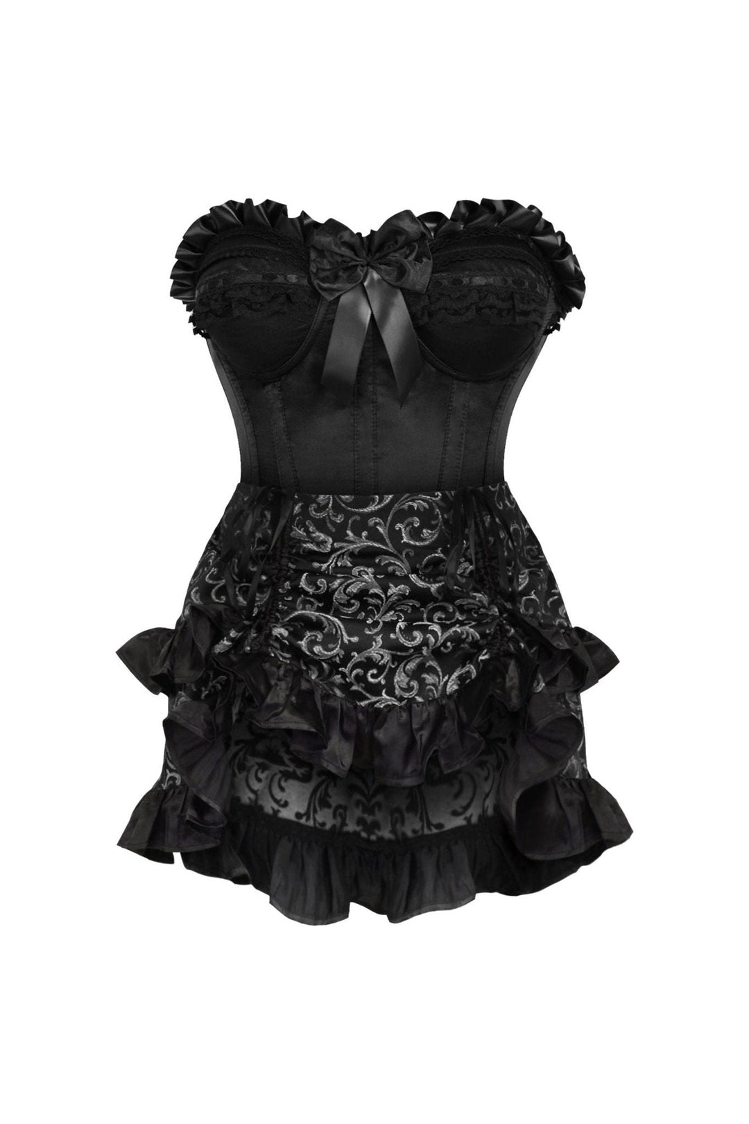Top Drawer 2 PC Black Satin Steel Boned Burlesque Corset & Silver Brocade Skirt Set