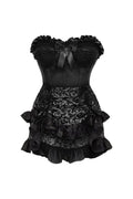 Top Drawer 2 PC Black Satin Steel Boned Burlesque Corset & Silver Brocade Skirt Set