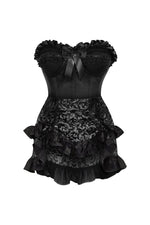 Top Drawer 2 PC Black Satin Steel Boned Burlesque Corset & Silver Brocade Skirt Set