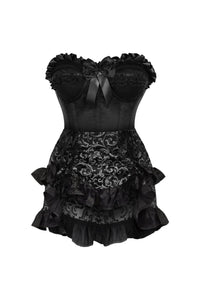 Daisy Corsets Top Drawer 2 PC Black Satin Steel Boned Burlesque Corset & Silver Brocade Skirt Set in Black  from SexyShoes.com